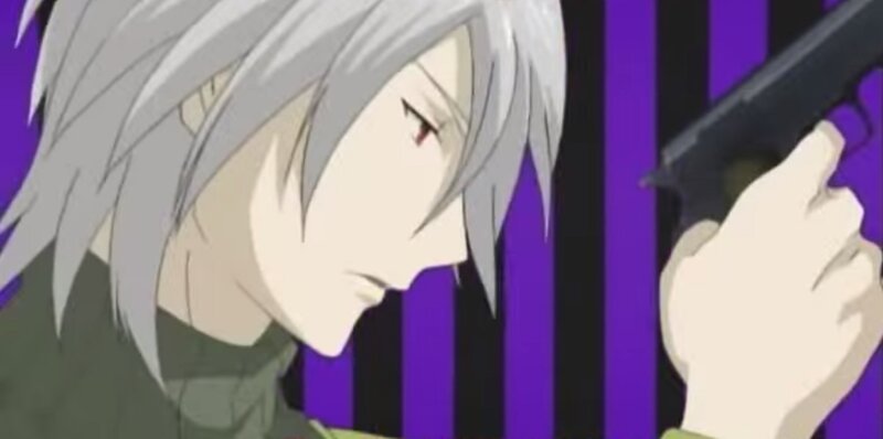 Anime Character Holding Gun — Purple, Dramatic, Silver Hair