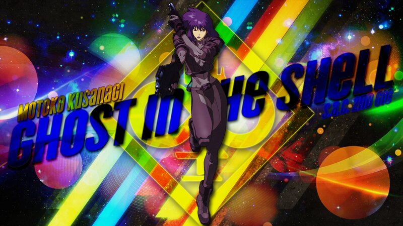 Anime Character Holding Gun — Purple, Dramatic, Space Background, Text
