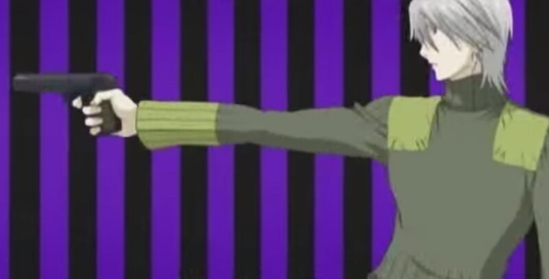 Anime Character Holding Gun — Purple, Dramatic, Striped Background