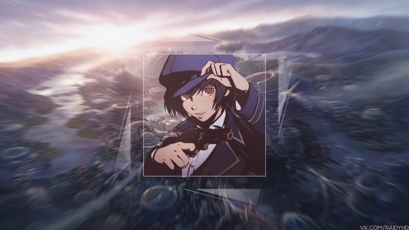 Anime Character Holding Gun — Purple, Dramatic, Sunset, Hat