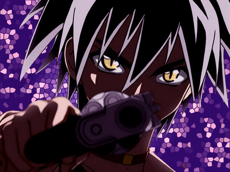 Anime Character Holding Gun — Purple, Intense