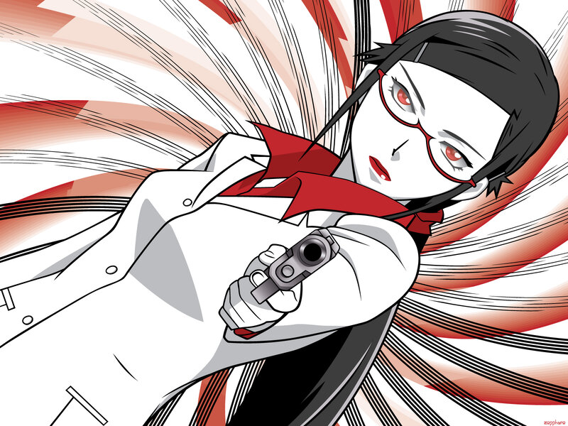 Anime Character Holding Gun — White, Dramatic, Manga, Glasses, Red Tie