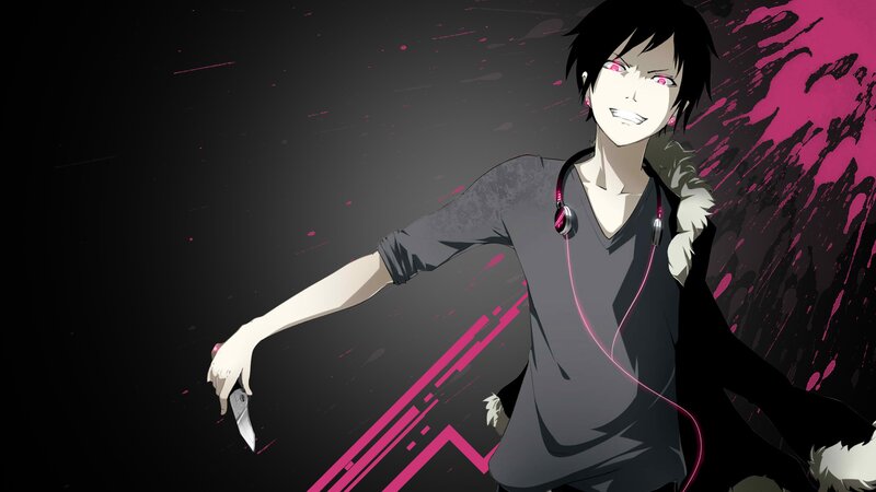 Anime Character Holding Knife — Black, Dramatic, Headphones