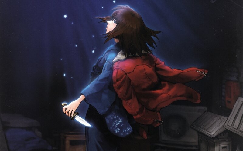 Anime Character Holding Knife — Blue, Dramatic, Night