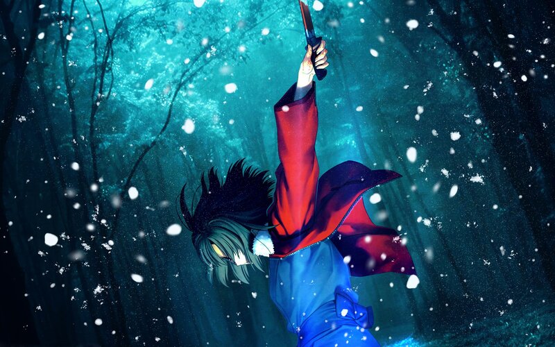 Anime Character Holding Knife — Blue, Dramatic, Winter