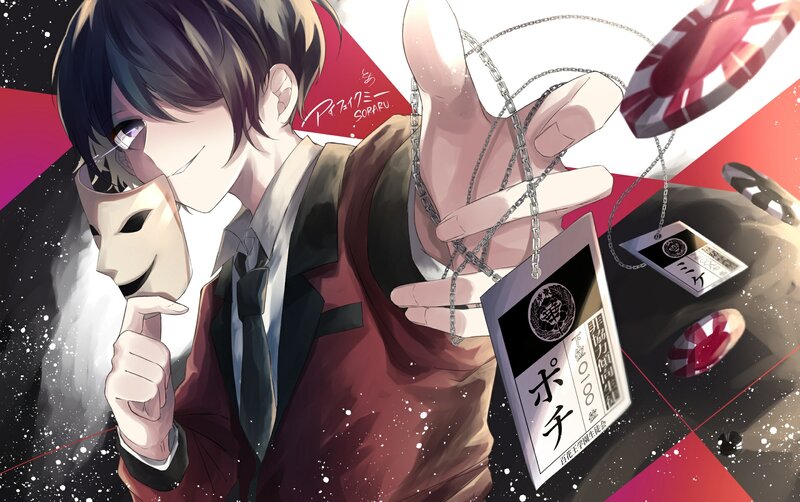 Anime Character Holding Mask — Black, Dramatic, Id Badge