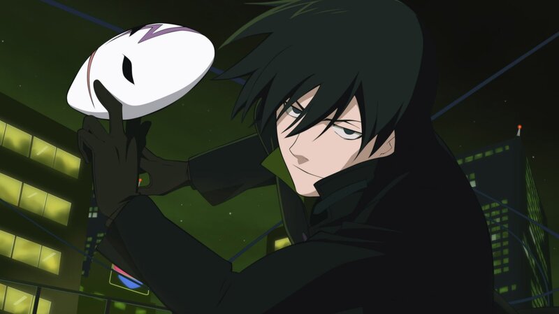 Anime Character Holding Mask — Black, Dramatic, Night, Cityscape