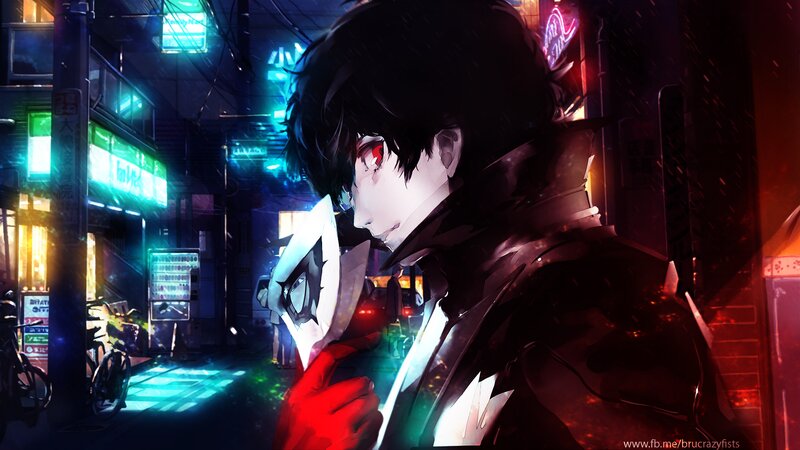Anime Character Holding Mask — Black, Dramatic, Night, Digital Art, Neon Lights