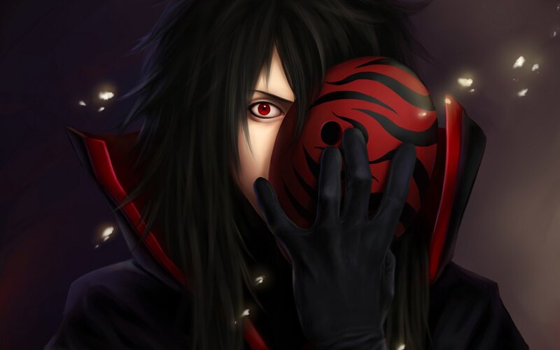 Anime Character Holding Mask — Black, Dramatic, Night