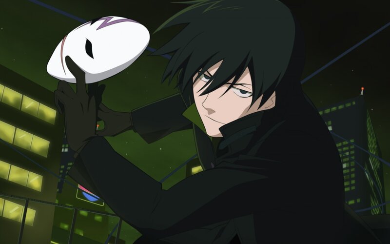 Anime Character Holding Mask — Black, Dramatic