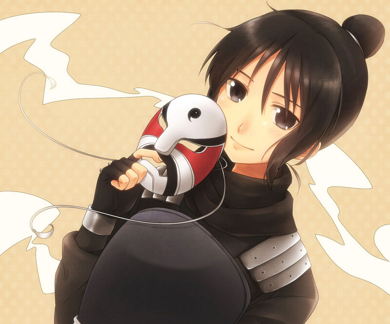 Anime Character Holding Mask — Brown, Calm