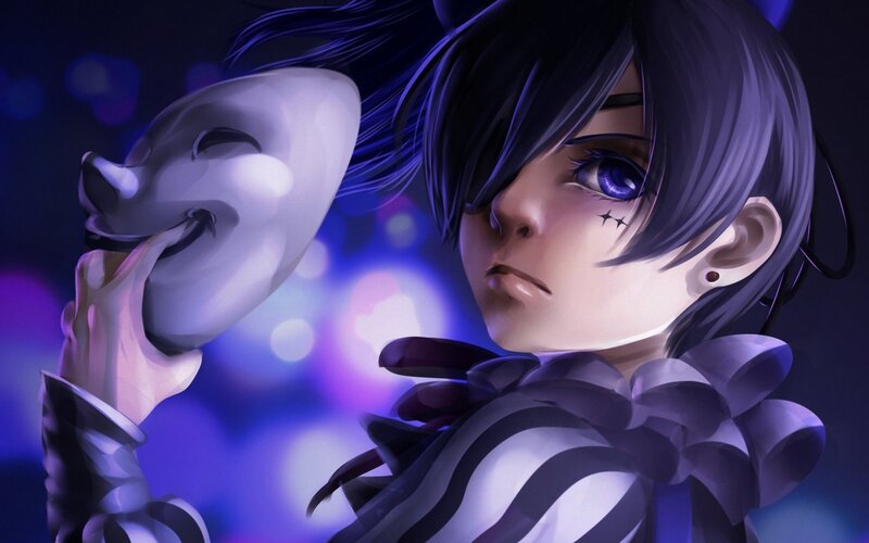 Anime Character Holding Mask — Purple, Dramatic