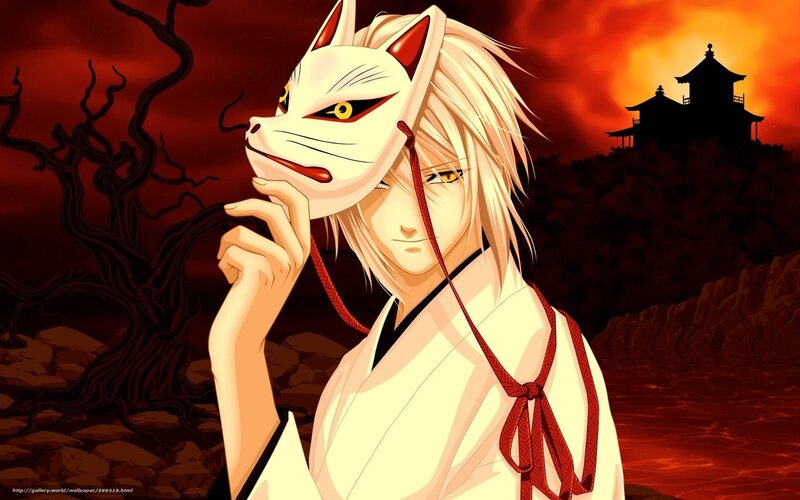 Anime Character Holding Mask — Red, Dramatic, Sunset