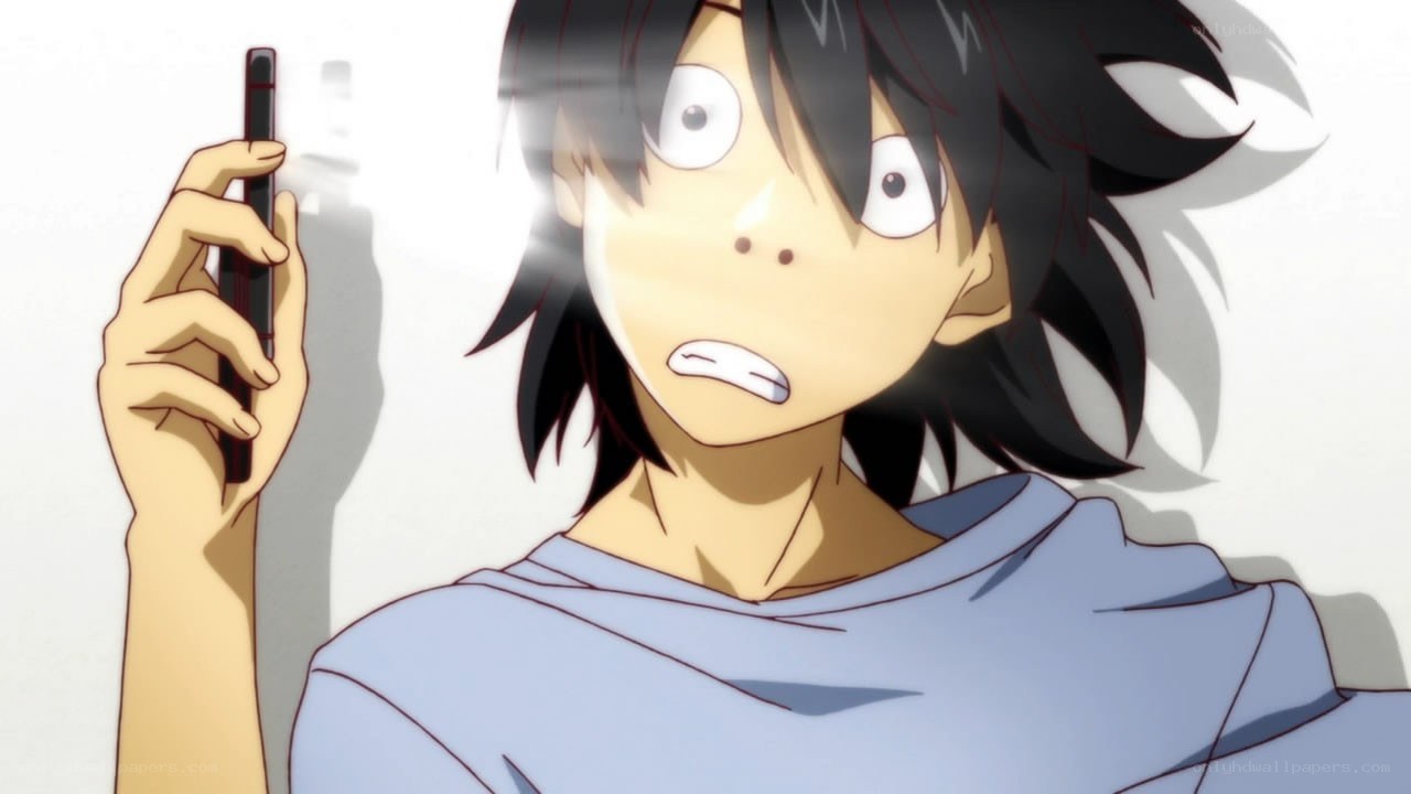 anime character holding phone