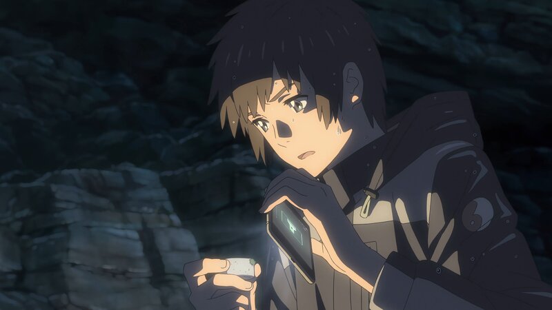 Anime Character Holding Phone — Black, Dramatic