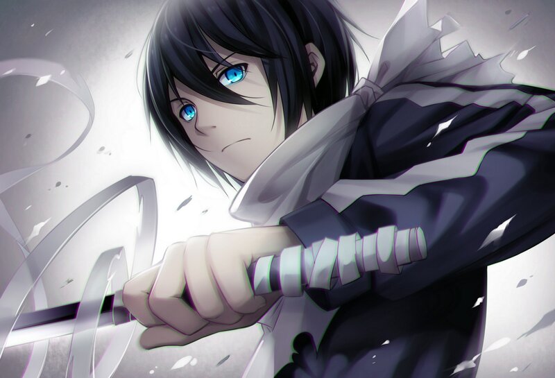 Anime Character Holding Sword — Black, Dramatic, Blue Eyes