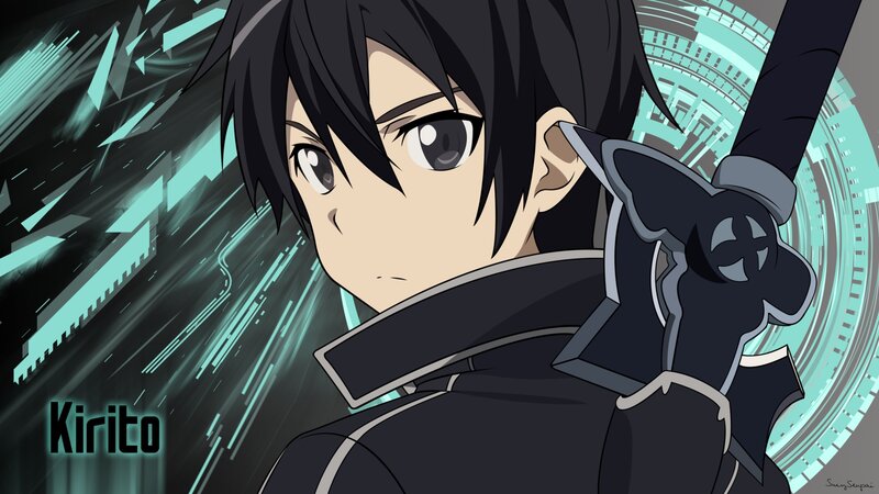 Anime Character Holding Sword — Black, Dramatic, Digital Background