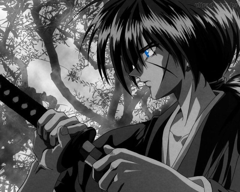 Anime Character Holding Sword — Black, Dramatic, Manga, Trees