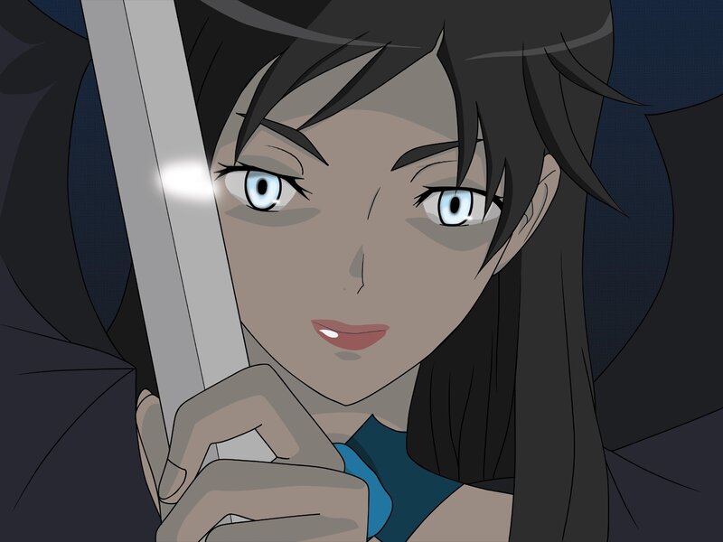 Anime Character Holding Sword — Black, Dramatic, Night, Blue Eyes