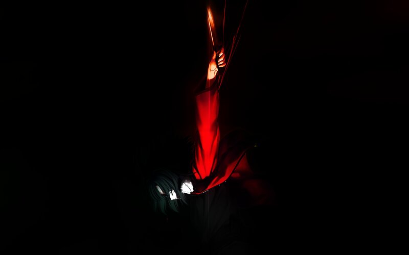 Anime Character Holding Sword — Black, Dramatic, Night, Dark Background