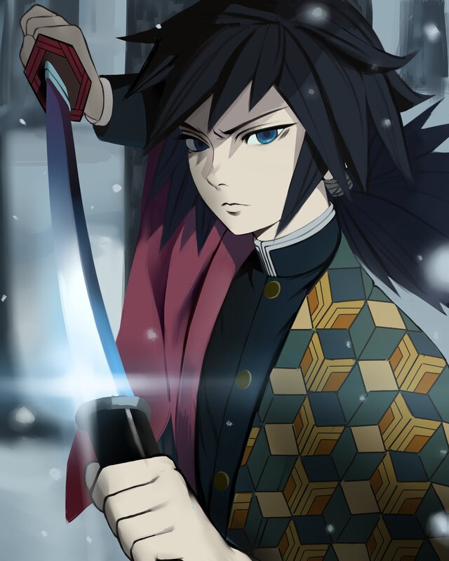 Anime Character Holding Sword — Black, Dramatic, Winter, Snow, Coat
