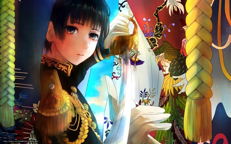 Anime Character Holding Sword — Blue, Dramatic, Braided Rope