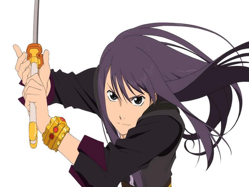 Anime Character Holding Sword — Purple, Determined