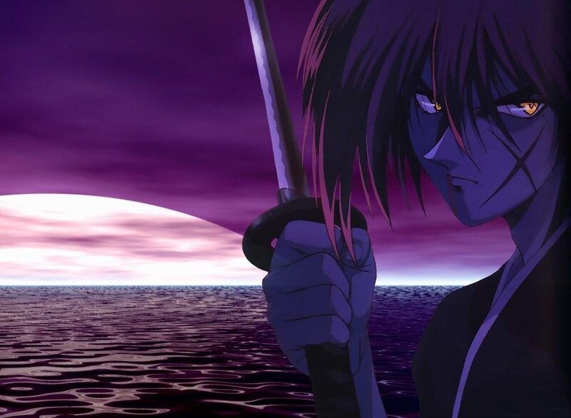 Anime Character Holding Sword — Purple, Dramatic, Sunset