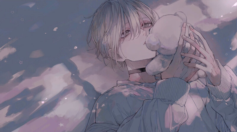 Anime Character Holding Teddy Bear — Blue