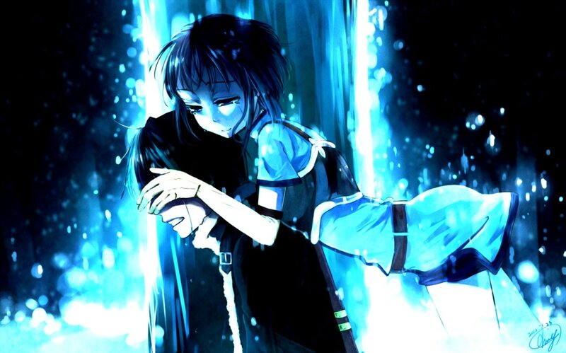 Anime Character Hugging — Blue, Dramatic