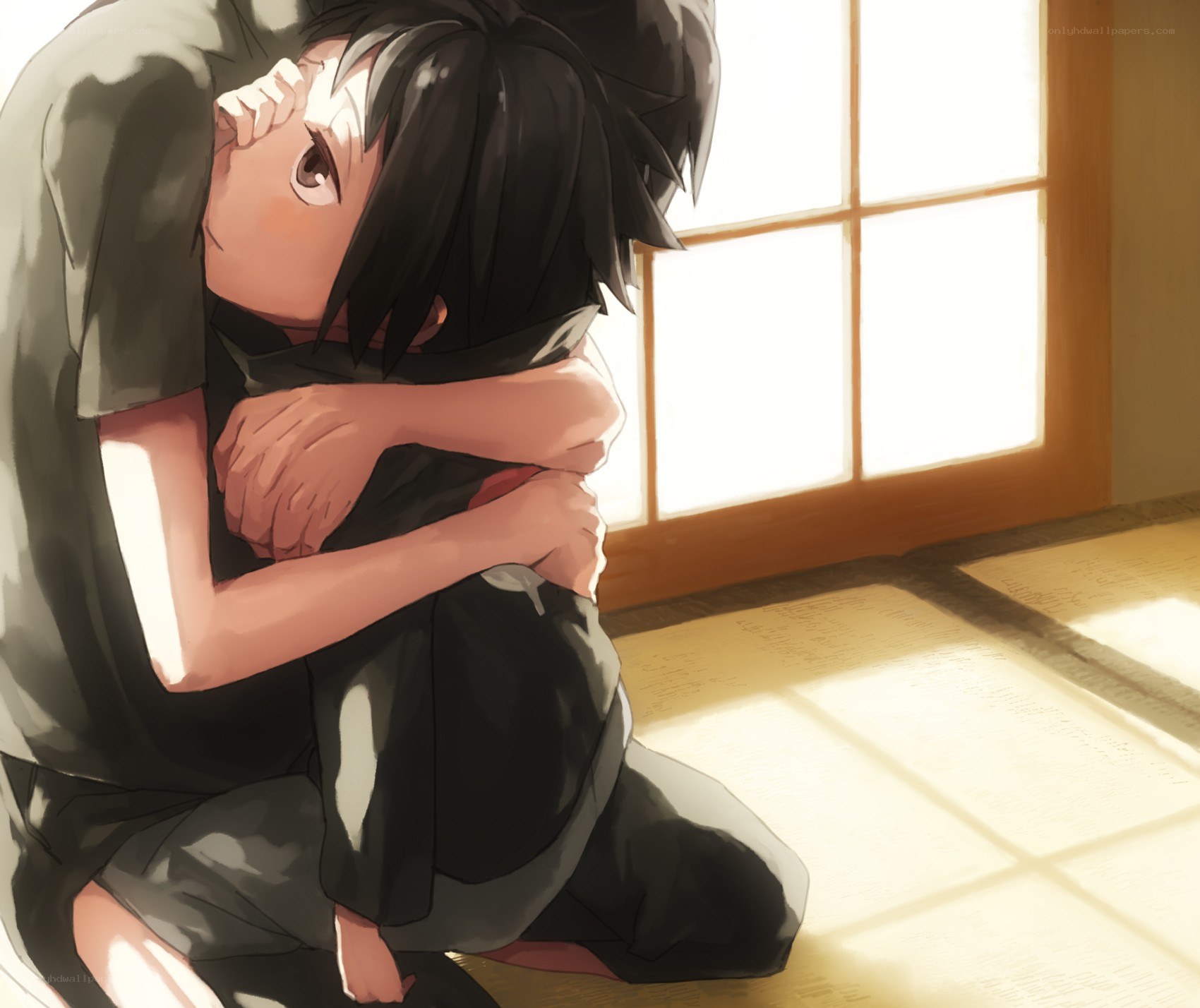 anime character hugging knees