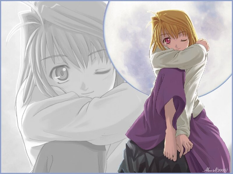 Anime character hugging self