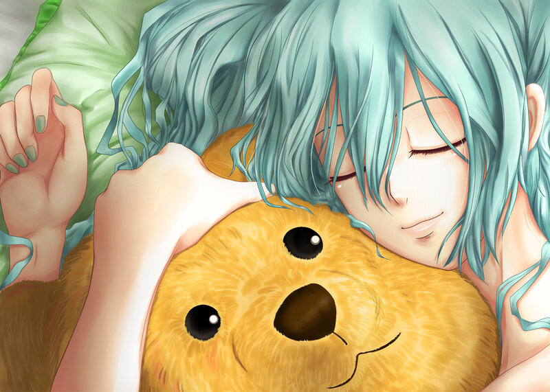 Anime character hugging teddy bear