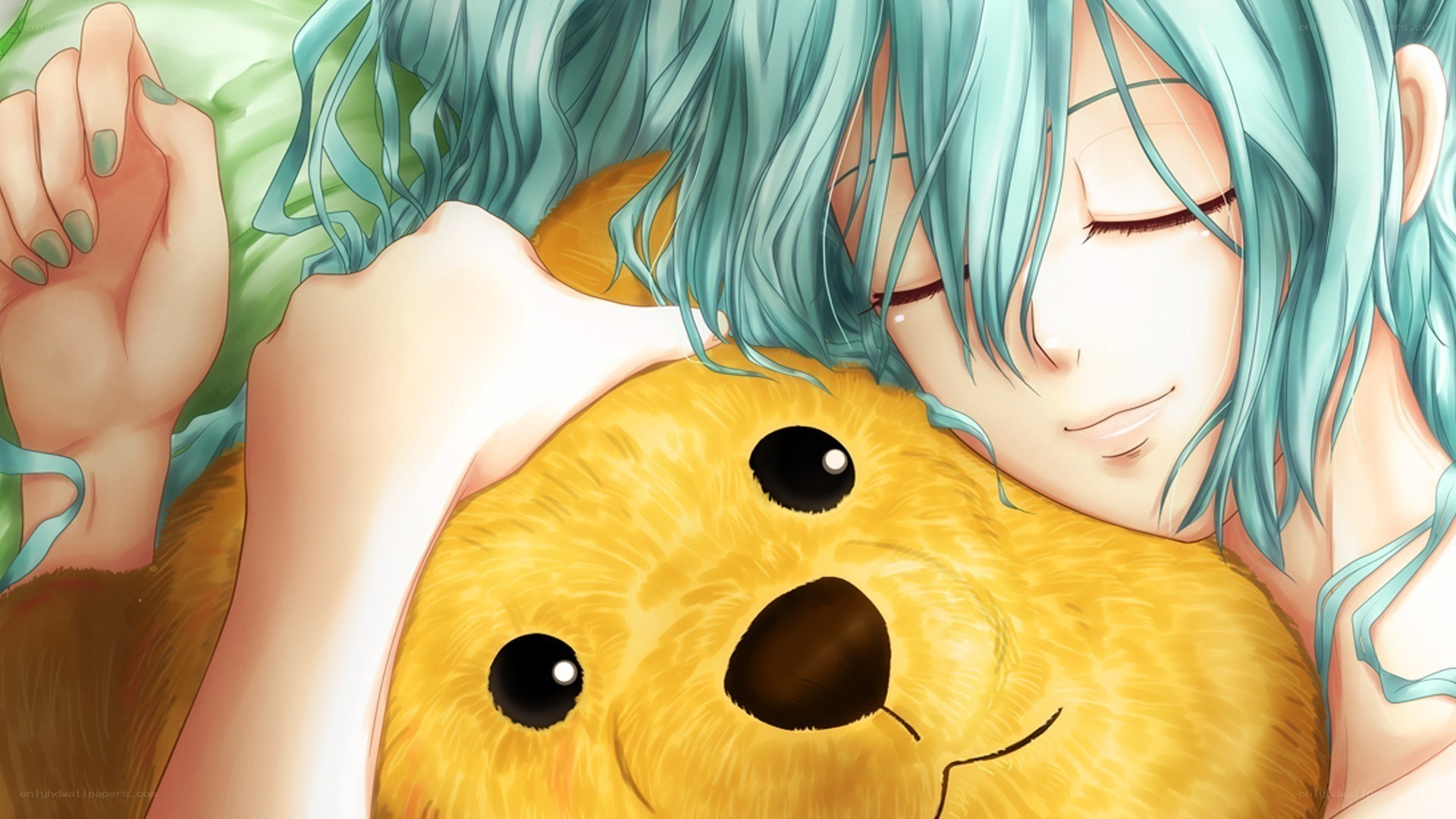 Anime character hugging teddy bear
