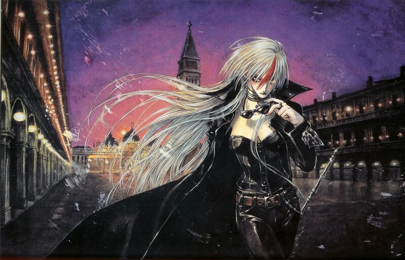 Anime character in a city at dusk
