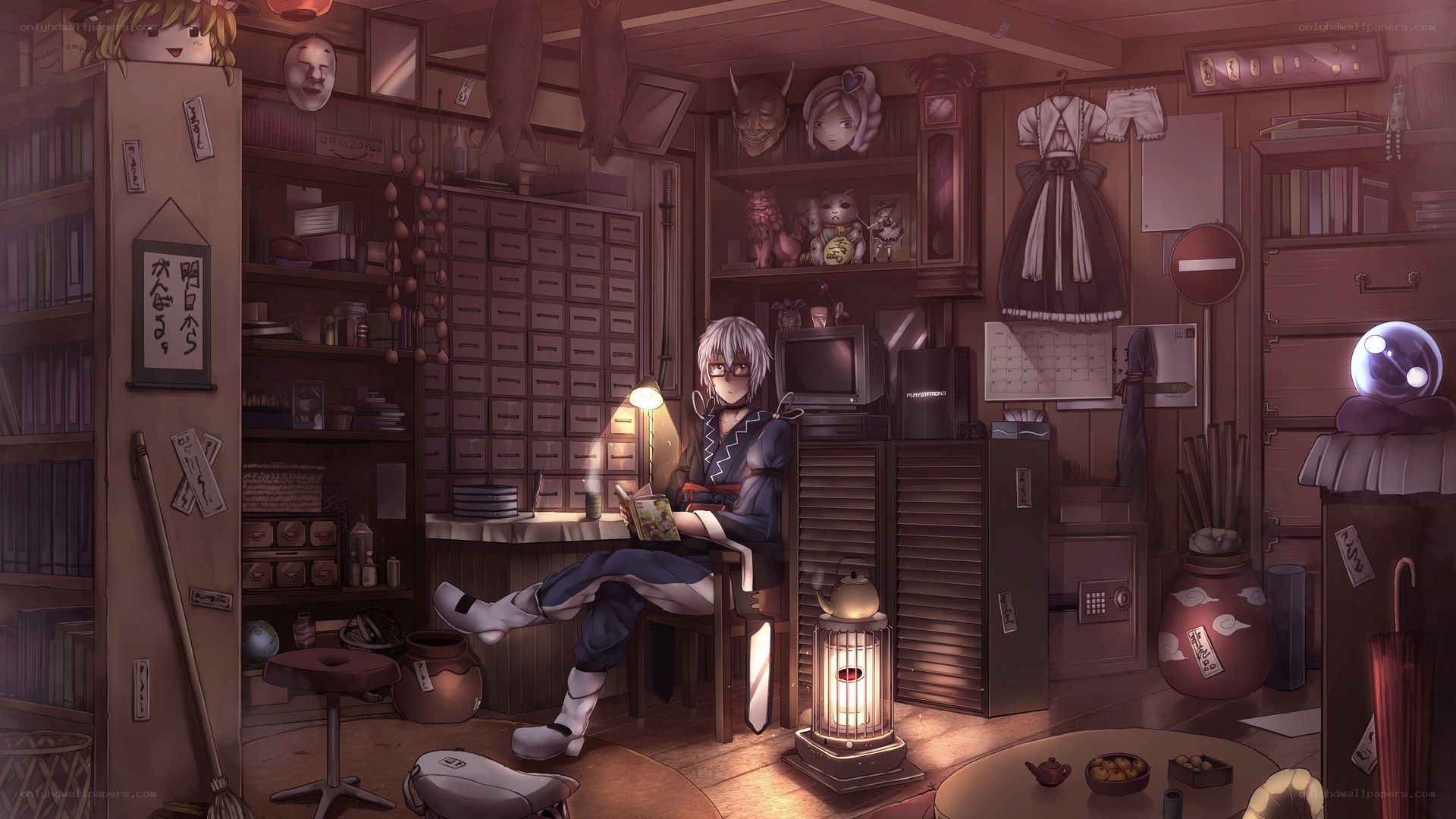 Anime character in a cluttered room