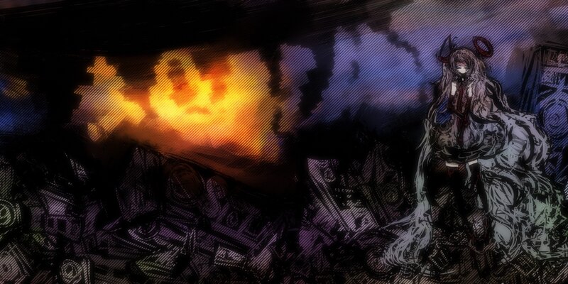anime character in a fiery ruin