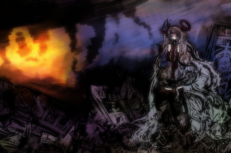 Anime character in a fiery ruin
