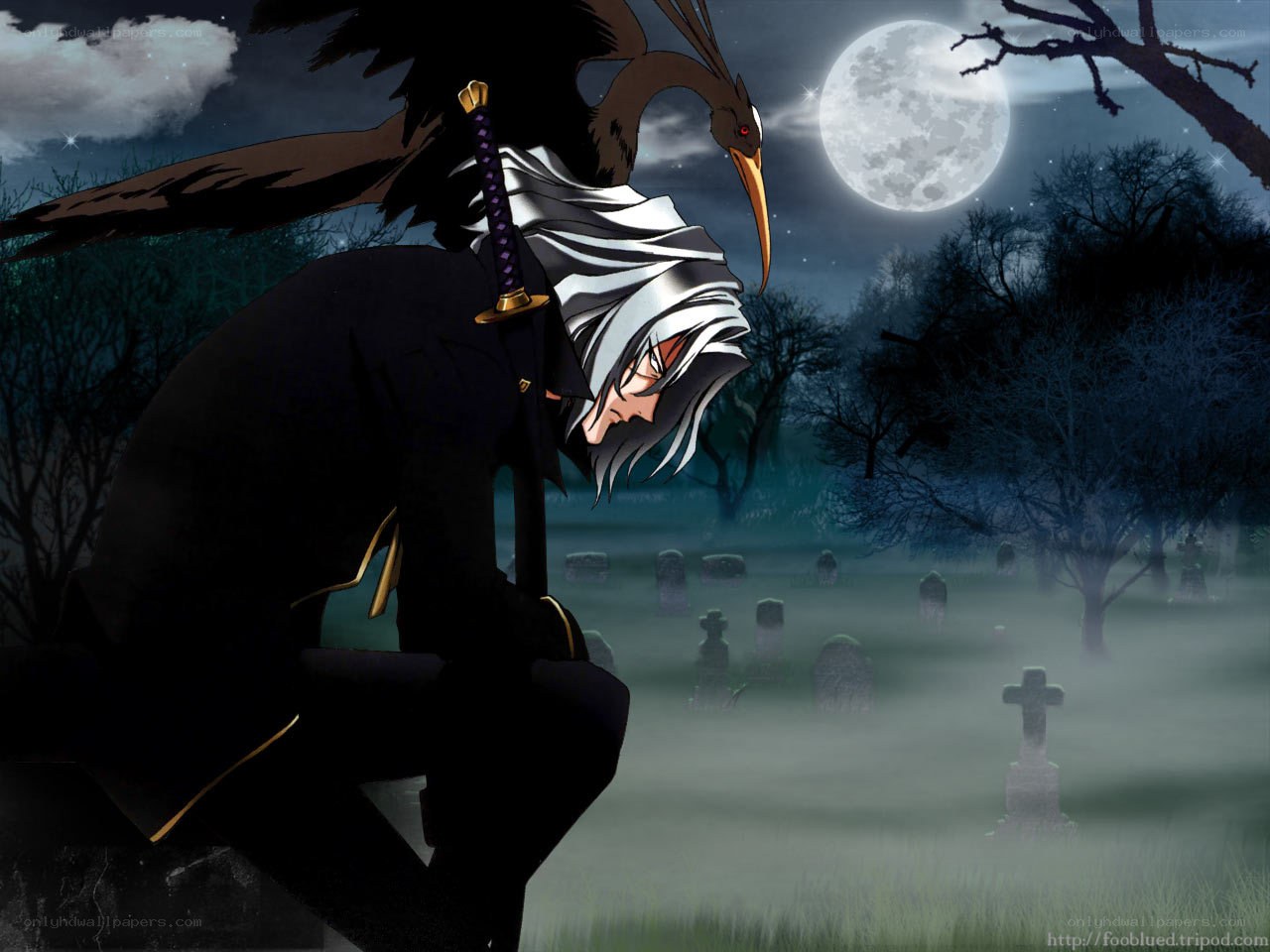 Anime character in a graveyard