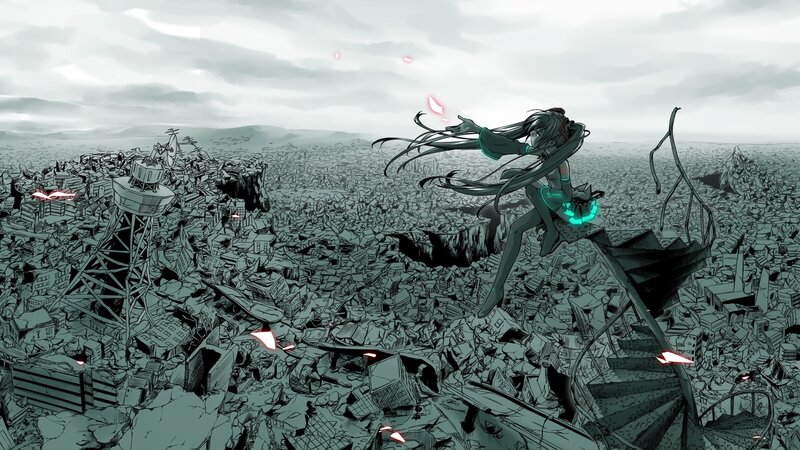 Anime character in a ruined city