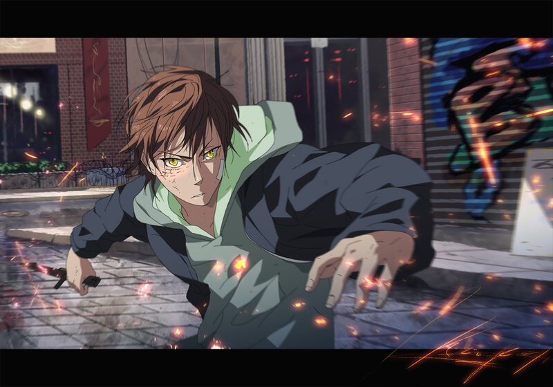 Anime Character in Action — Brown, Dramatic, Night