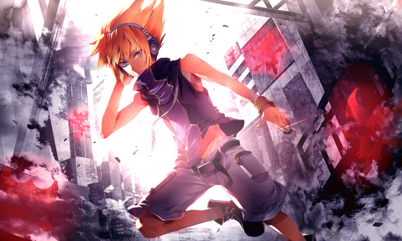 Anime Character in Action — Orange, Dramatic, Digital Art, Headphones
