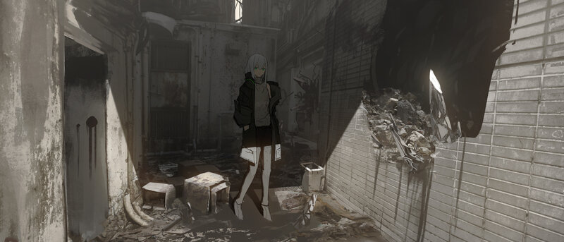 Anime Character in Alley — Gray, Dramatic