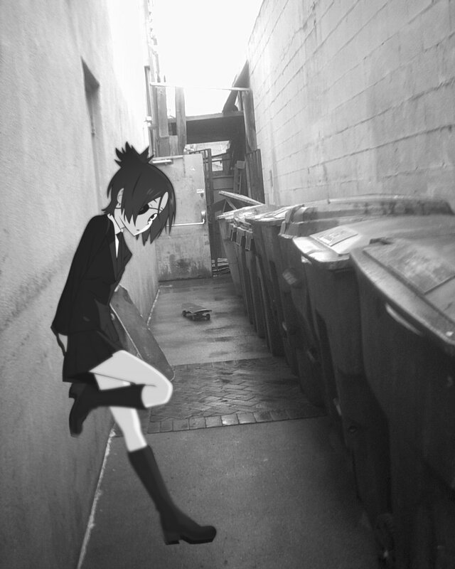 anime character in alleyway