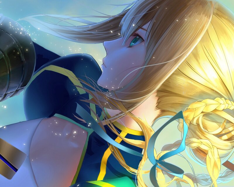 Anime Character in Armor — Blue, Dramatic, Digital Art, Weapon