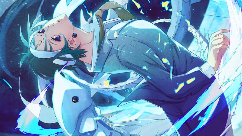 Anime Character in Armor — Blue, Dramatic, Night, Digital Art, Energy Effects