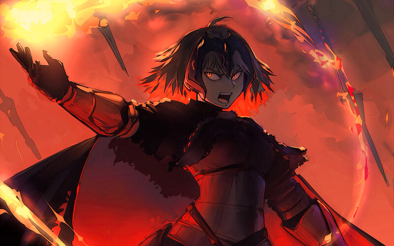 Anime Character in Armor — Red, Dramatic, Digital Art, Fire
