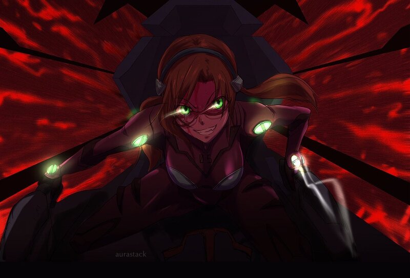 Anime Character in Armor — Red, Dramatic, Digital Art, Green Eyes