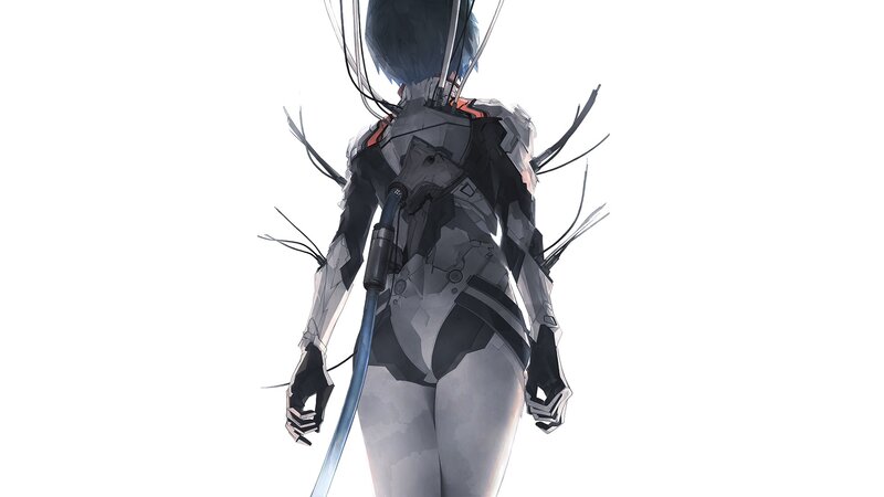 Anime Character in Armor — White, Dramatic, Digital Art, Back View