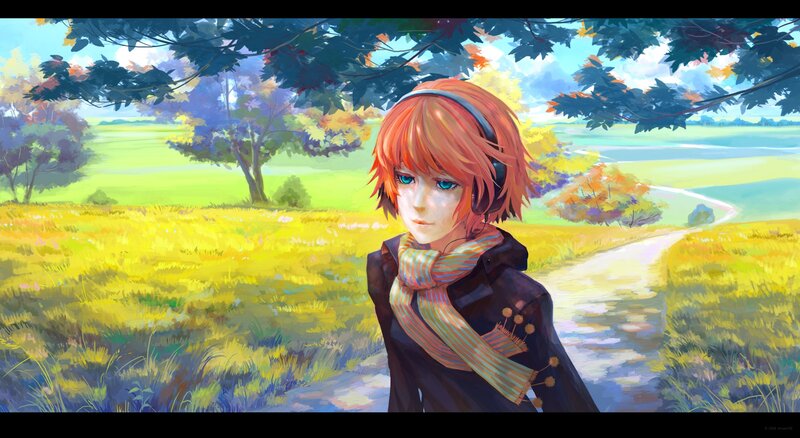 Anime character in autumn field